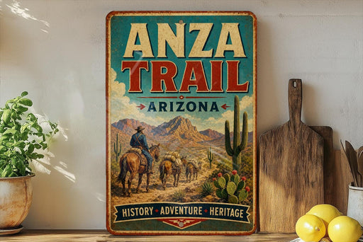 a vintage-style sign for the Anza Trail in Arizona, with a cowboy on horseback and a desert landscape in the background.