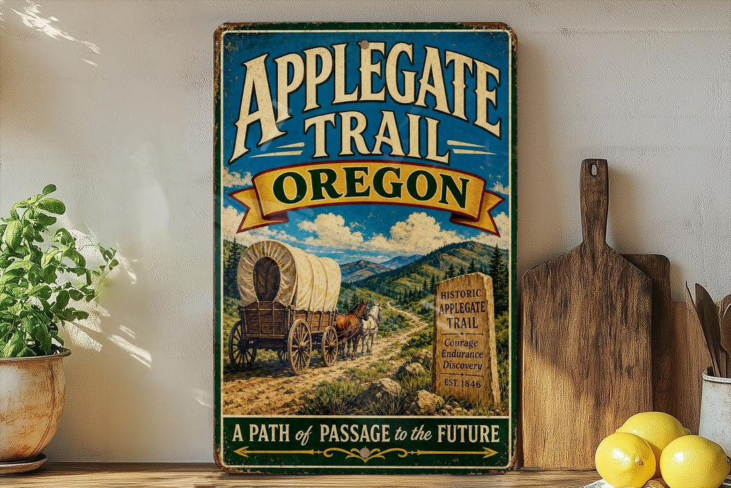 A vintage-style sign for the Applegate Trail in Oregon, featuring a wagon train on a dirt road with mountains in the background.