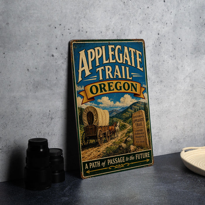 A vintage-style metal sign for the Applegate Trail in Oregon, featuring a wagon on a dirt road and a scenic mountain landscape.