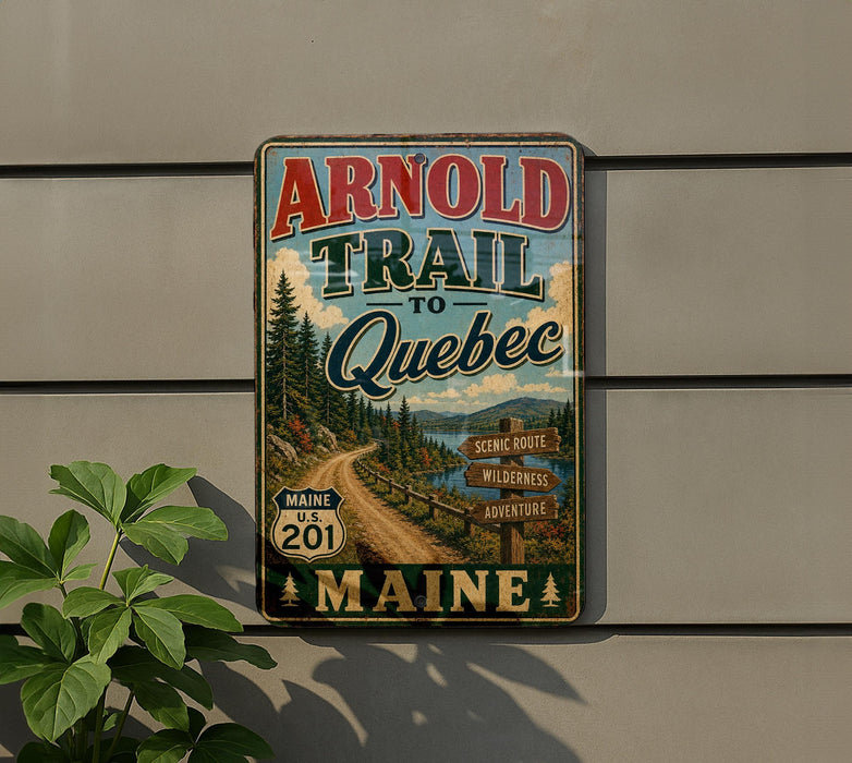 A vintage-style metal sign for the "Arnold Trail to Quebec" in Maine, featuring a scenic road surrounded by pine trees and mountains.