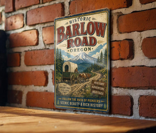 A vintage-style metal sign with the text "Historic Barlow Road, Oregon" and an illustration of a wagon on a trail, mounted on a brick wall.