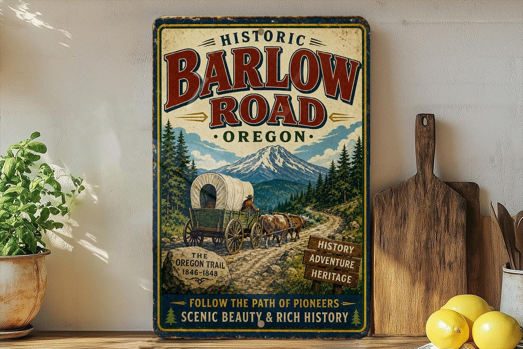 a vintage-style metal sign with a wagon traveling down a dirt road, surrounded by a mountainous landscape and pine trees.