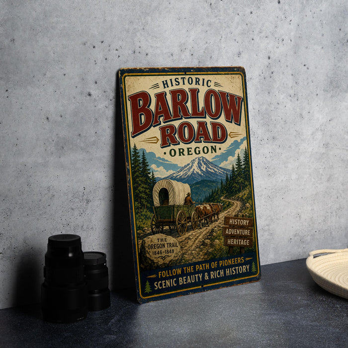 A vintage-style metal sign for the Historic Barlow Road in Oregon, featuring a wagon train and a mountain landscape.
