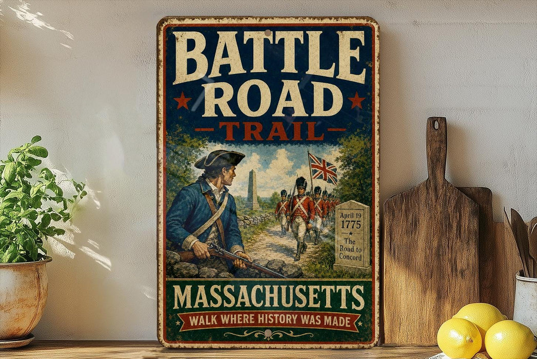 A vintage metal sign on a shelf, depicting a group of soldiers in historical uniforms and a British flag, with the text "BATTLE ROAD - TRAIL - MASSACHUSETTS - WALK WHERE HISTORY WAS MADE".