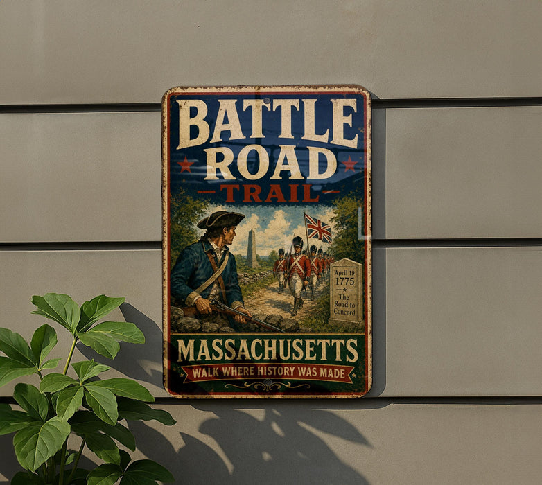 A vintage metal sign on a wall, depicting a historical scene of soldiers on a trail, with the text "BATTLE ROAD TRAIL" and "MASSACHUSETTS" prominently displayed.