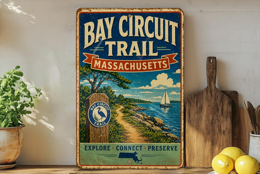 a vintage-style metal sign for the Bay Circuit Trail in Massachusetts, with a scenic illustration of a path leading to a sailboat on the water.