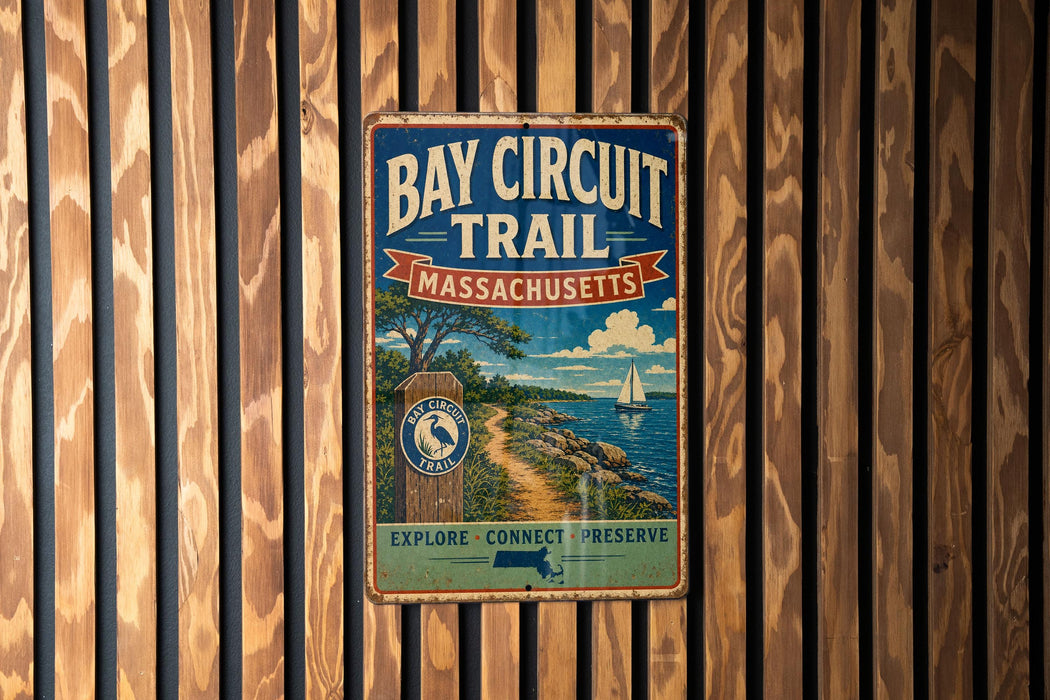 A vintage metal sign for the Bay Circuit Trail in Massachusetts, featuring a scenic image of a beach and a sailboat.