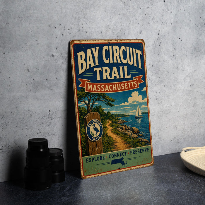 A vintage-style metal sign for the Bay Circuit Trail in Massachusetts, featuring a scenic illustration of a path leading to a sailboat on the water.