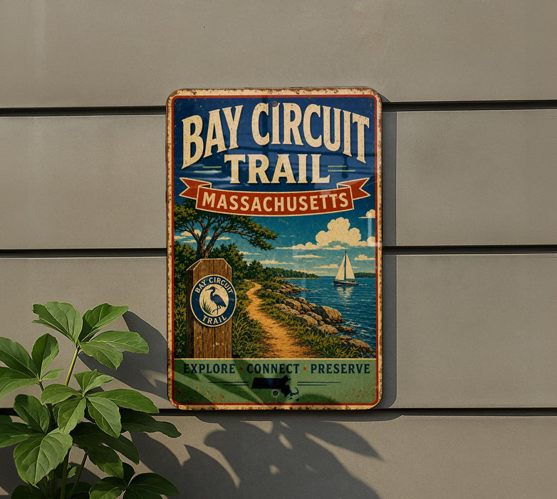 A vintage metal sign for the Bay Circuit Trail in Massachusetts, featuring a scenic illustration of a coastal landscape with a sailboat.