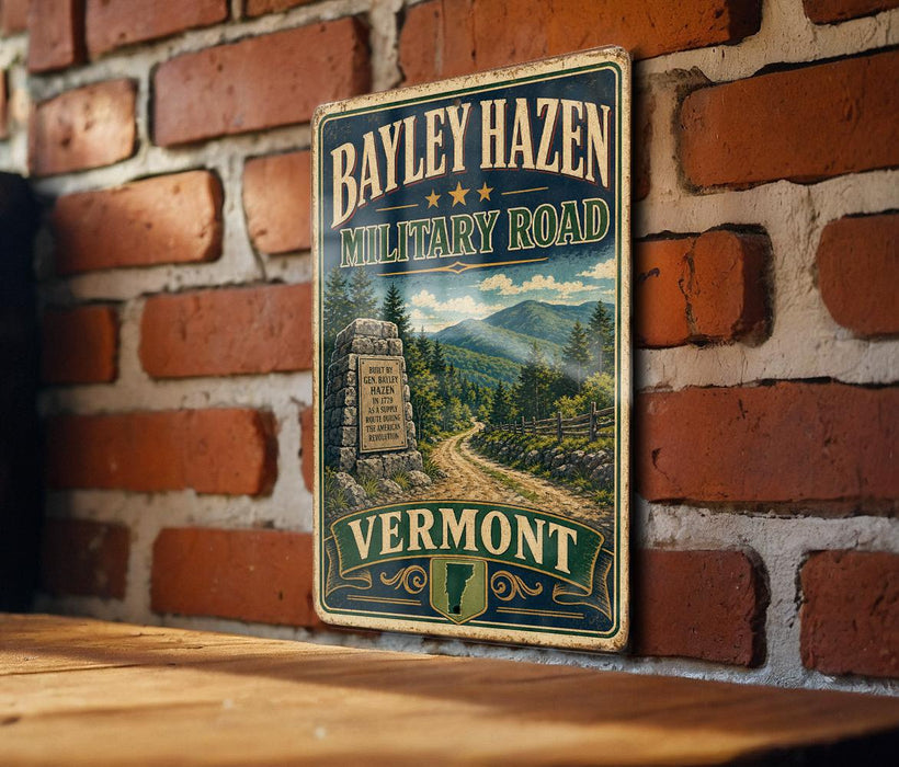 A vintage metal sign for the Bayley Hazen Military Road in Vermont, featuring a scenic mountain landscape and a road leading through the wooded area.
