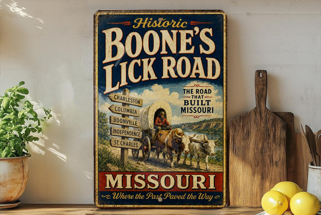 A vintage-style sign for "Boone's Lick Road" in Missouri, featuring a wagon and a signpost with directions to various locations.