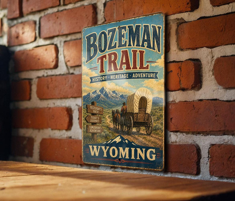 A vintage-style metal sign for Bozeman Trail, featuring a wagon train and mountains in the background, mounted on a brick wall.