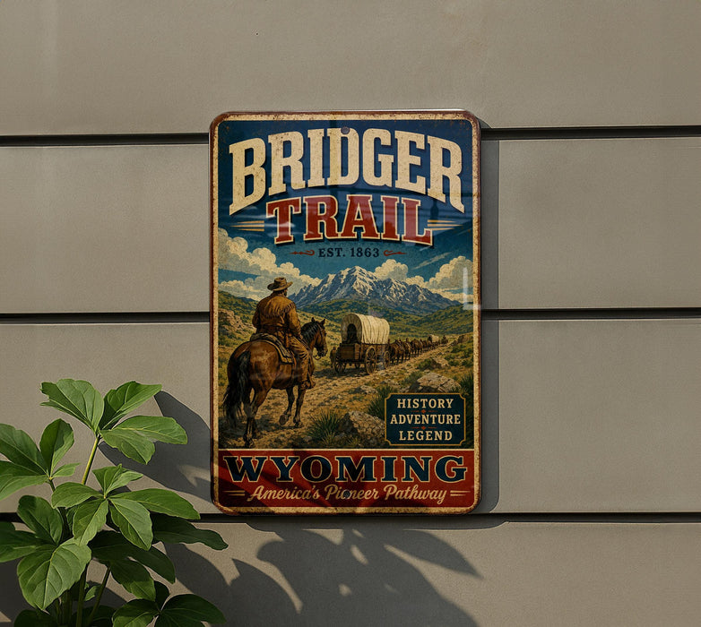A vintage metal sign for the Bridger Trail in Wyoming, featuring a cowboy on a horse and a wagon, mounted on a wall.