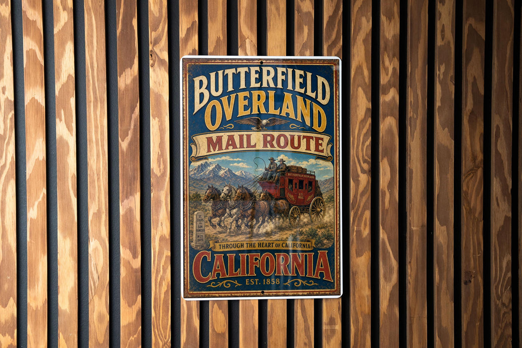 A vintage-style metal sign for the "Butterfield Overland Mail Route" in California, featuring a red coach traveling through the state.