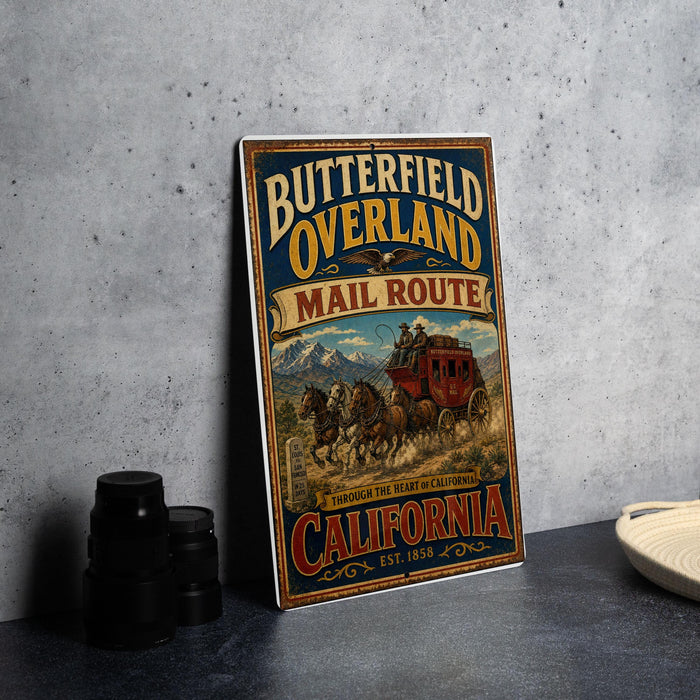 A vintage-style poster advertising the "Butterfield Overland Mail Route" in California, featuring a stagecoach and a mountainous landscape.