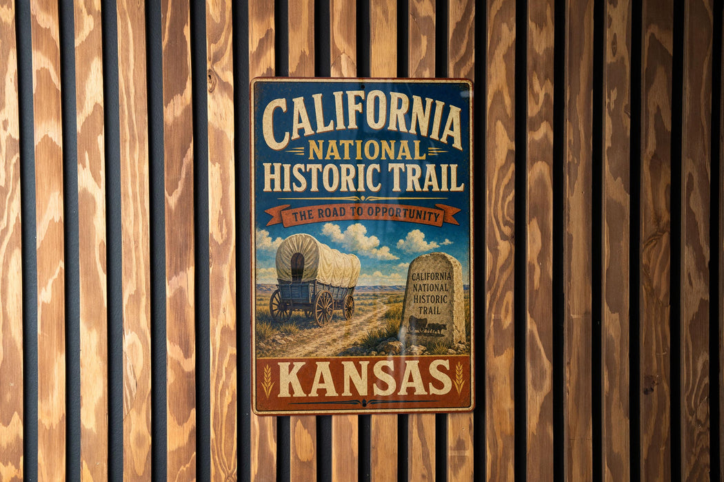 A vintage-style metal sign for the California National Historic Trail in Kansas, featuring an illustration of a covered wagon and a marker for the trail.
