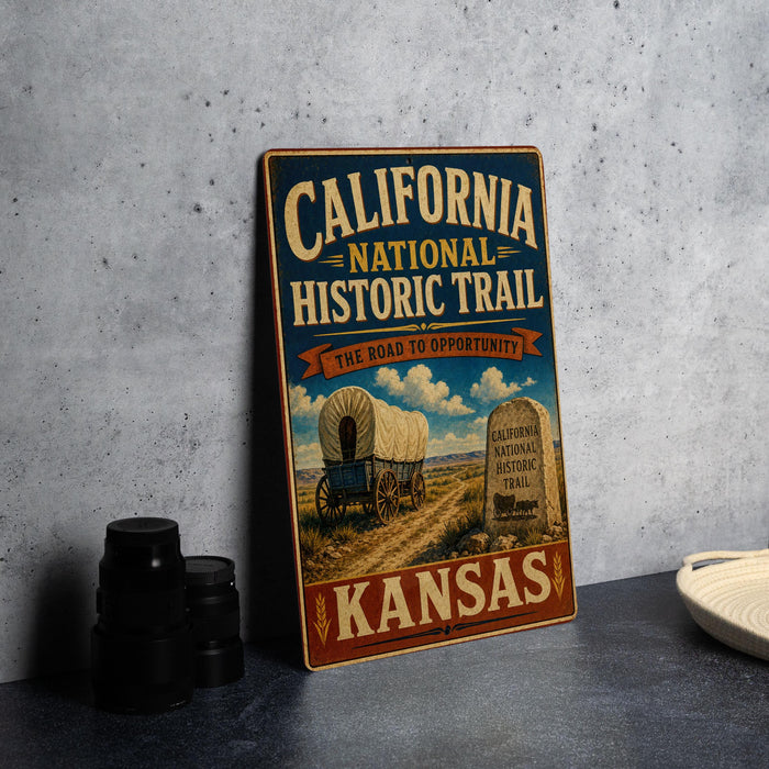 A vintage-style metal sign for the California National Historic Trail, featuring an illustration of a wagon on a dirt road and a monument, with the text "California National Historic Trail" and "The road to opportunity" on it.