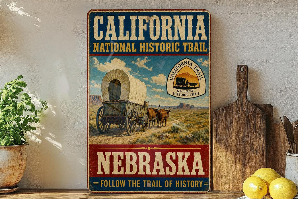 a vintage-style sign for the California National Historic Trail, with a wagon and a desert landscape in the background. The sign also includes the text "Nebraska" and "Follow the Trail of History".