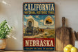 a vintage-style sign for the California National Historic Trail, with a wagon and a desert landscape in the background. The sign also includes the text "Nebraska" and "Follow the Trail of History".