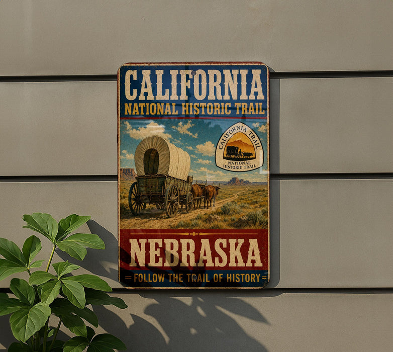 A vintage-style metal sign for the California National Historic Trail in Nebraska, featuring an image of a covered wagon and the text "Follow the Trail of History".