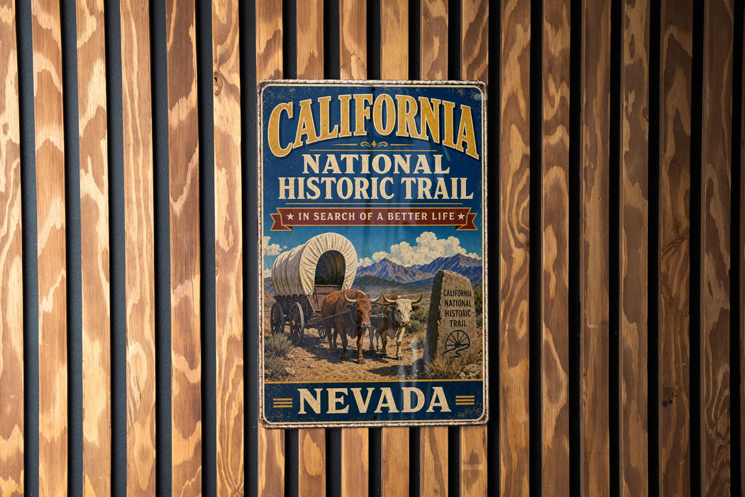 A vintage-style metal sign for the California National Historic Trail, featuring an illustration of a wagon and a sign for Nevada, is displayed on a wooden wall.