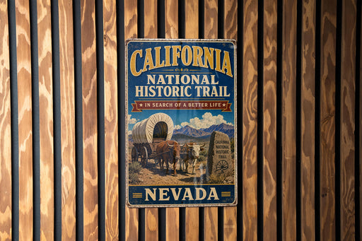 A vintage-style metal sign for the California National Historic Trail, featuring an illustration of a wagon and a sign for Nevada, is displayed on a wooden wall.