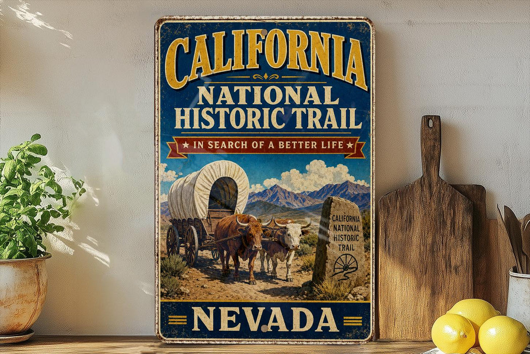 a vintage-style sign for the California National Historic Trail, with a wagon train and mountains in the background. The sign is displayed on a shelf next to a wooden cutting board and a potted plant.