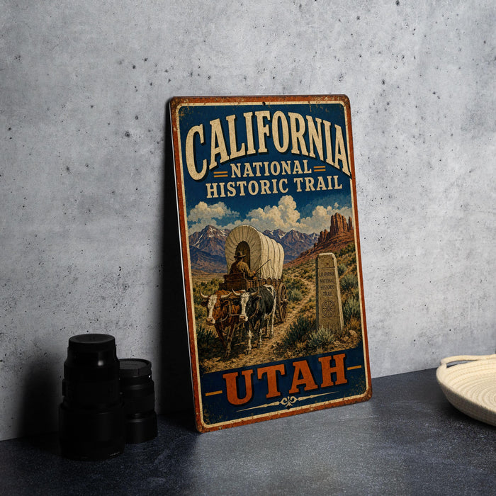 A vintage-style metal sign for the California National Historic Trail, featuring an illustration of a wagon train traveling through a desert landscape with mountains in the background.