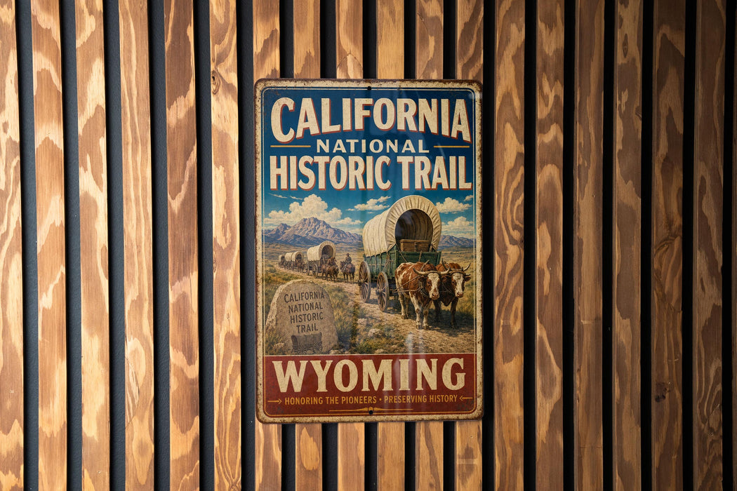 A vintage metal sign for the California National Historic Trail, featuring an illustration of a wagon train traveling through the state.