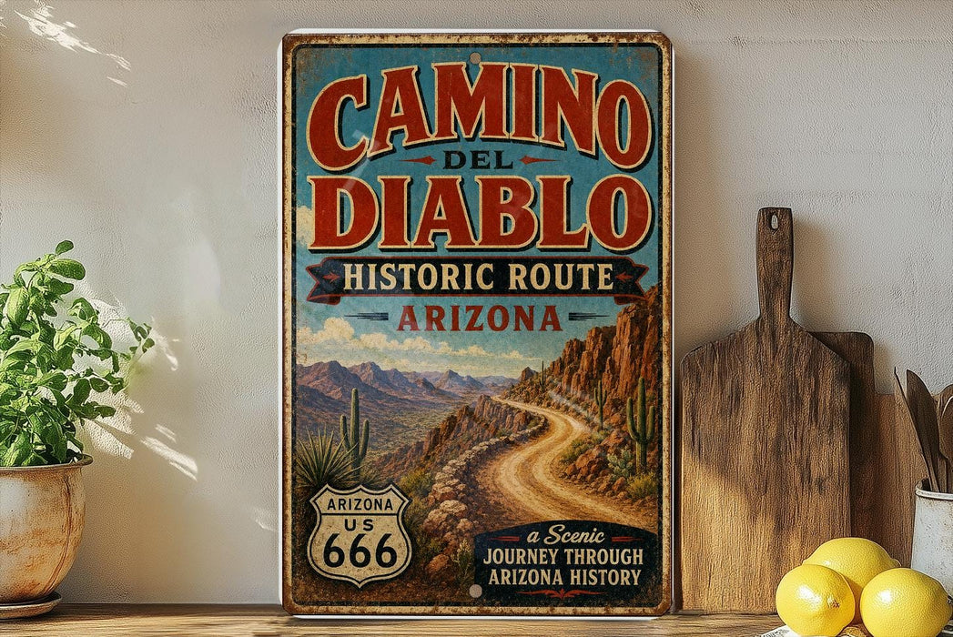 a vintage-style sign for the Camino del Diablo Historic Route in Arizona, with a desert landscape and a road sign for the route.
