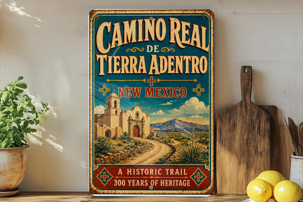 A vintage-style metal sign for the Camino Real de Tierra Adentro trail in New Mexico, featuring a desert landscape with a church and mountains in the background.
