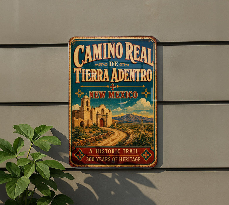 A vintage-style metal sign for the Camino Real de Tierra Adentro trail in New Mexico, featuring a desert landscape with a castle and a road.