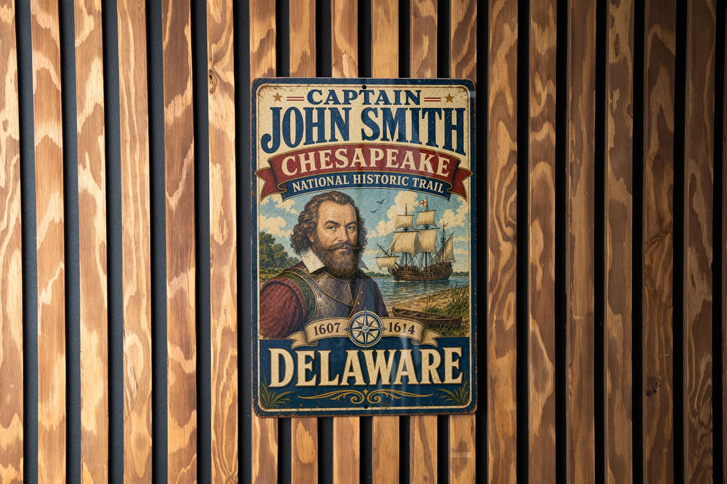 A vintage-style metal sign featuring a portrait of a bearded man, with text indicating that it is from the Chesapeake National Historic Trail in Delaware.