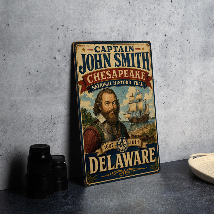A metal sign featuring a portrait of a bearded man, with text indicating he is Captain John Smith from the Chesapeake National Historic Trail in Delaware.