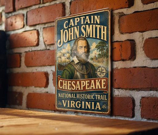 A vintage-style metal sign with the text "CAPTAIN JOHN SMITH CHESAPEAKE NATIONAL HISTORIC TRAIL VIRGINIA" is displayed on a brick wall.