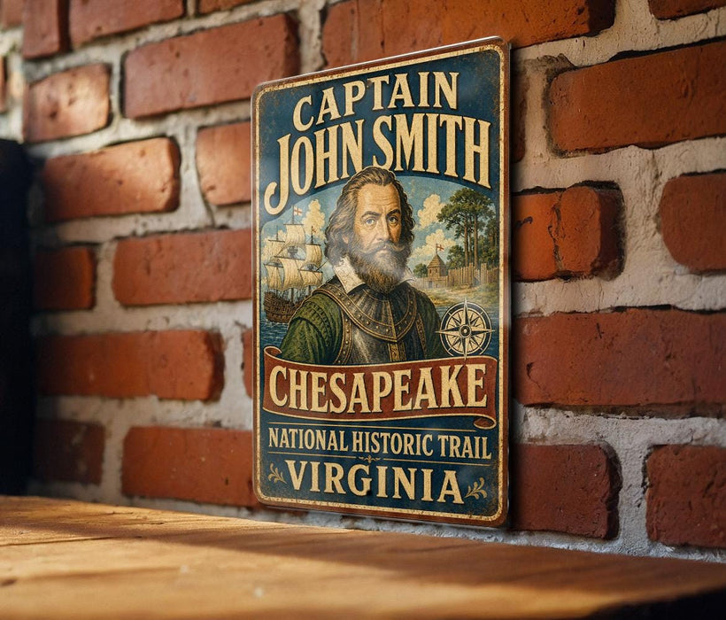 A vintage-style metal sign with the text "CAPTAIN JOHN SMITH CHESAPEAKE NATIONAL HISTORIC TRAIL VIRGINIA" is displayed on a brick wall.