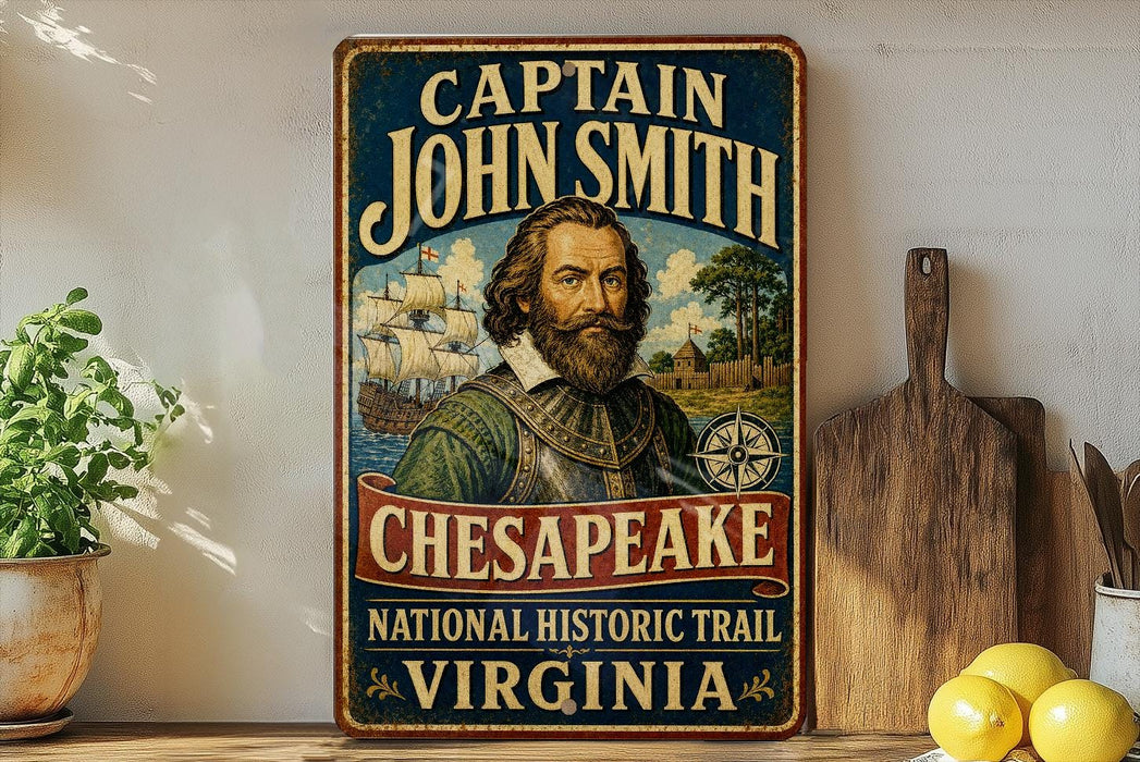 A vintage-style metal sign featuring a portrait of a bearded man, with text that reads "CAPTAIN JOHN SMITH" and "CHESAPEAKE NATIONAL HISTORIC TRAIL VIRGINIA".