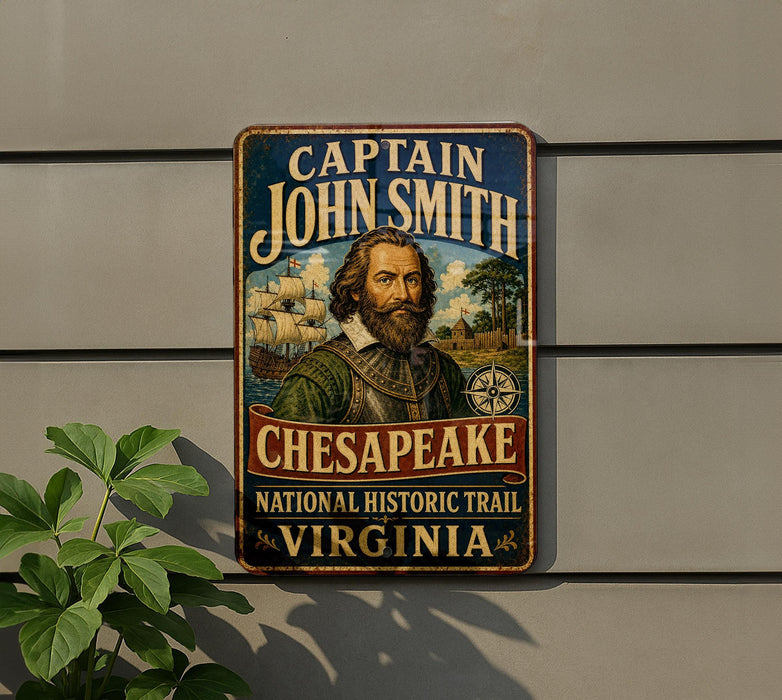 A vintage-style metal sign with the text "CAPTAIN JOHN SMITH" and "CHESAPEKE NATIONAL HISTORIC TRAIL VIRGINIA" is displayed on a wall, with a plant visible to the left.