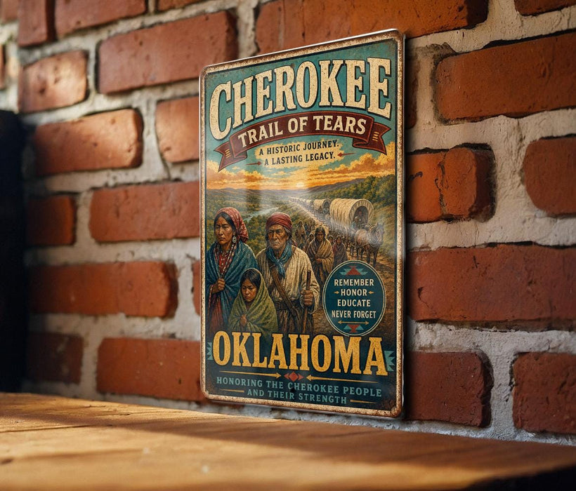 A vintage-style metal sign with the title "CHEROKEE TRAIL OF TEARS" displayed on a brick wall.
