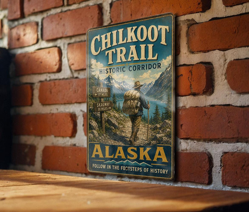 A vintage-style metal sign for the Chilkoot Trail Historic Corridor in Alaska, featuring a hiker and mountainous scenery.