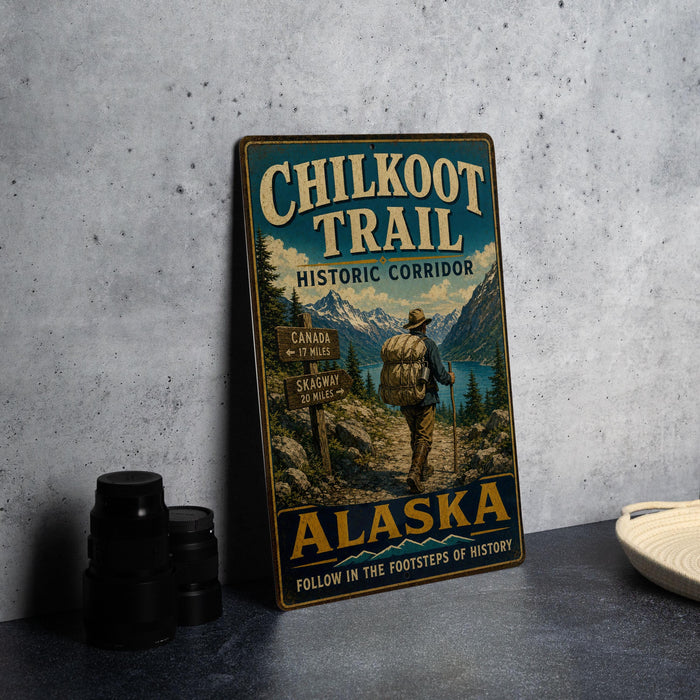 A vintage-style metal sign for the Chilkoot Trail Historic Corridor in Alaska, featuring a hiker on a trail surrounded by mountains and a scenic landscape.