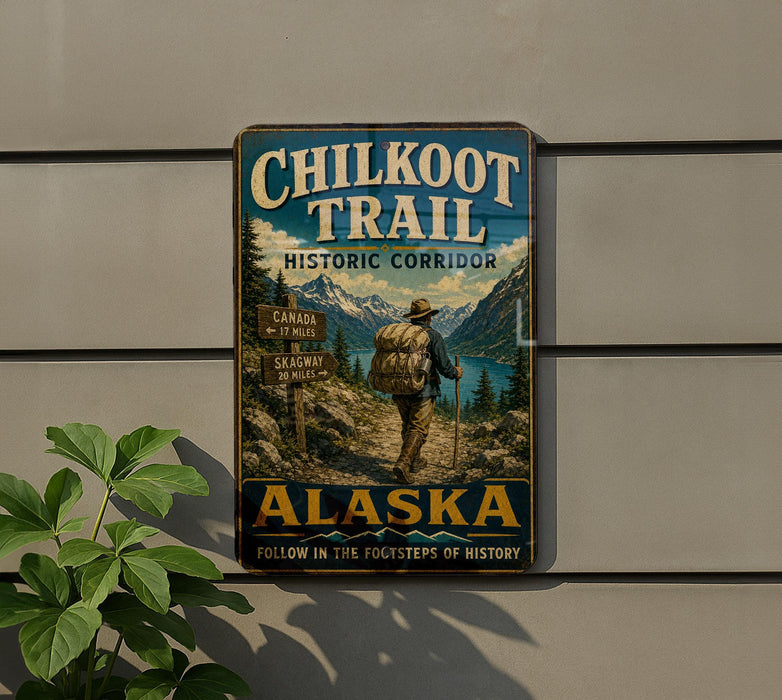 A vintage metal sign for the Chilkoot Trail Historic Corridor in Alaska, featuring a hiker on a trail surrounded by mountains and a scenic landscape.