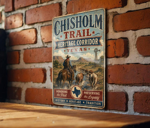 A vintage metal sign for the Chisholm Trail Heritage Corridor in Texas, featuring a cowboy on horseback and a scenic landscape.