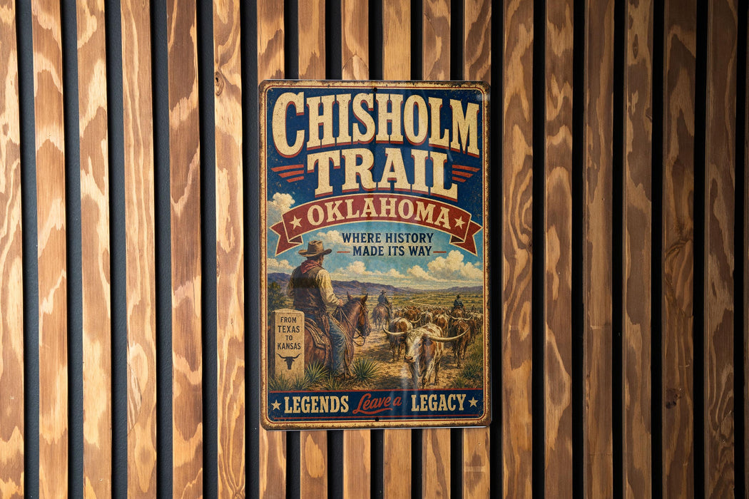 A vintage-style metal sign for the Chisholm Trail in Oklahoma, featuring a cowboy on horseback and the text "OKLAHOMA" and "CHISHOLM TRAIL" prominently displayed.