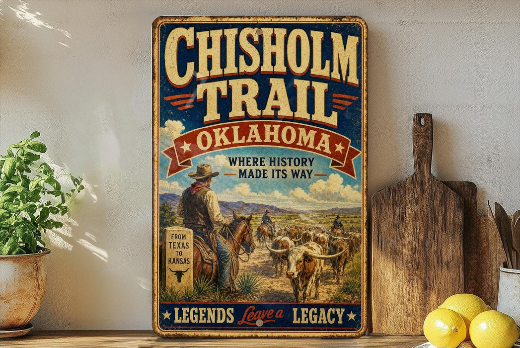 a vintage-style sign for the Chisholm Trail in Oklahoma, with a cowboy on horseback and a scenic landscape in the background.
