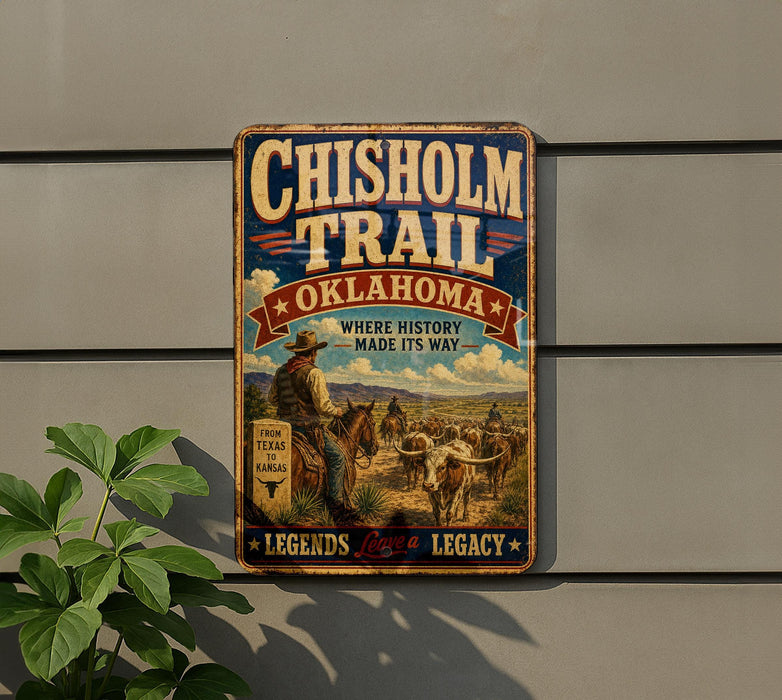 A vintage-style metal sign for the Chisholm Trail in Oklahoma, featuring a cowboy on horseback and the text "OKLAHOMA" and "Where history made its way".