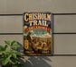 A vintage-style metal sign for the Chisholm Trail in Oklahoma, featuring a cowboy on horseback and the text "OKLAHOMA" and "Where history made its way".