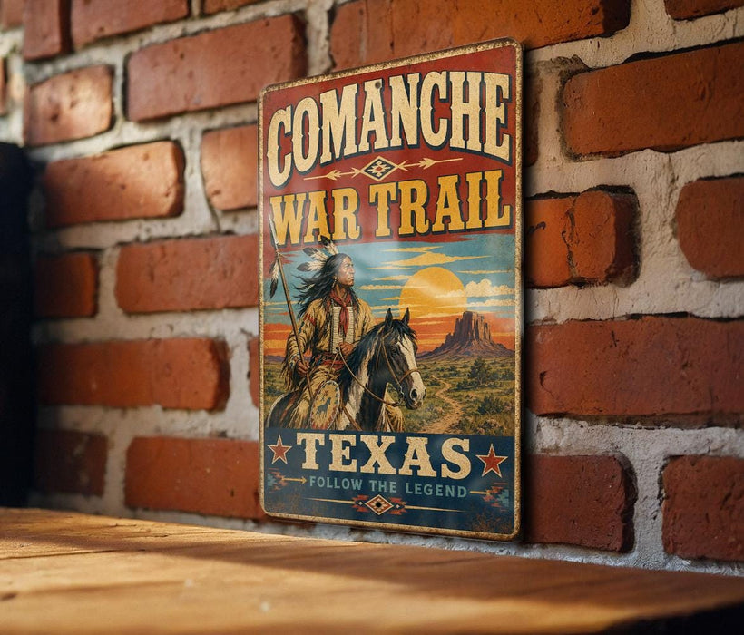 a vintage-style metal sign with a cowboy on horseback, mounted on a brick wall.