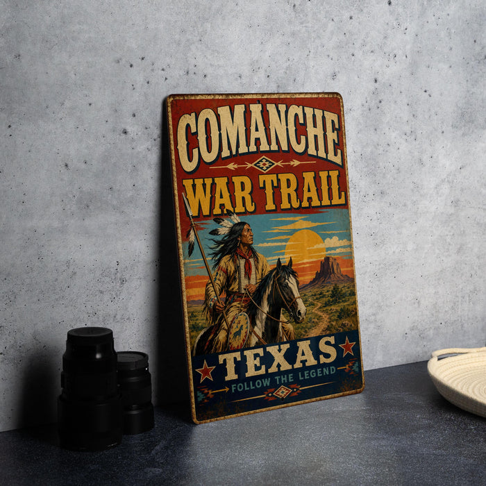 a vintage-style metal sign with a cowboy on horseback, advertising the Comanche War Trail in Texas.