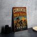 a vintage-style metal sign with a cowboy on horseback, advertising the Comanche War Trail in Texas.